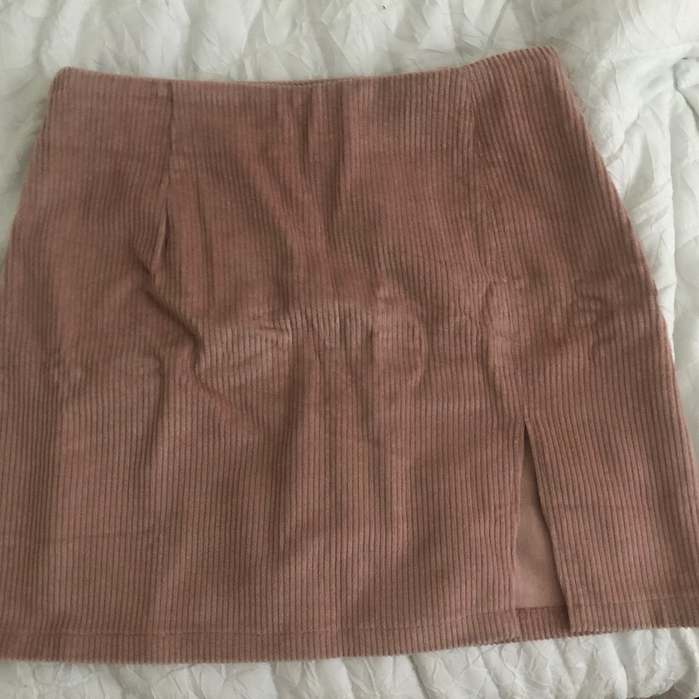 High Waist Corduroy Peach Skirt With A Slit